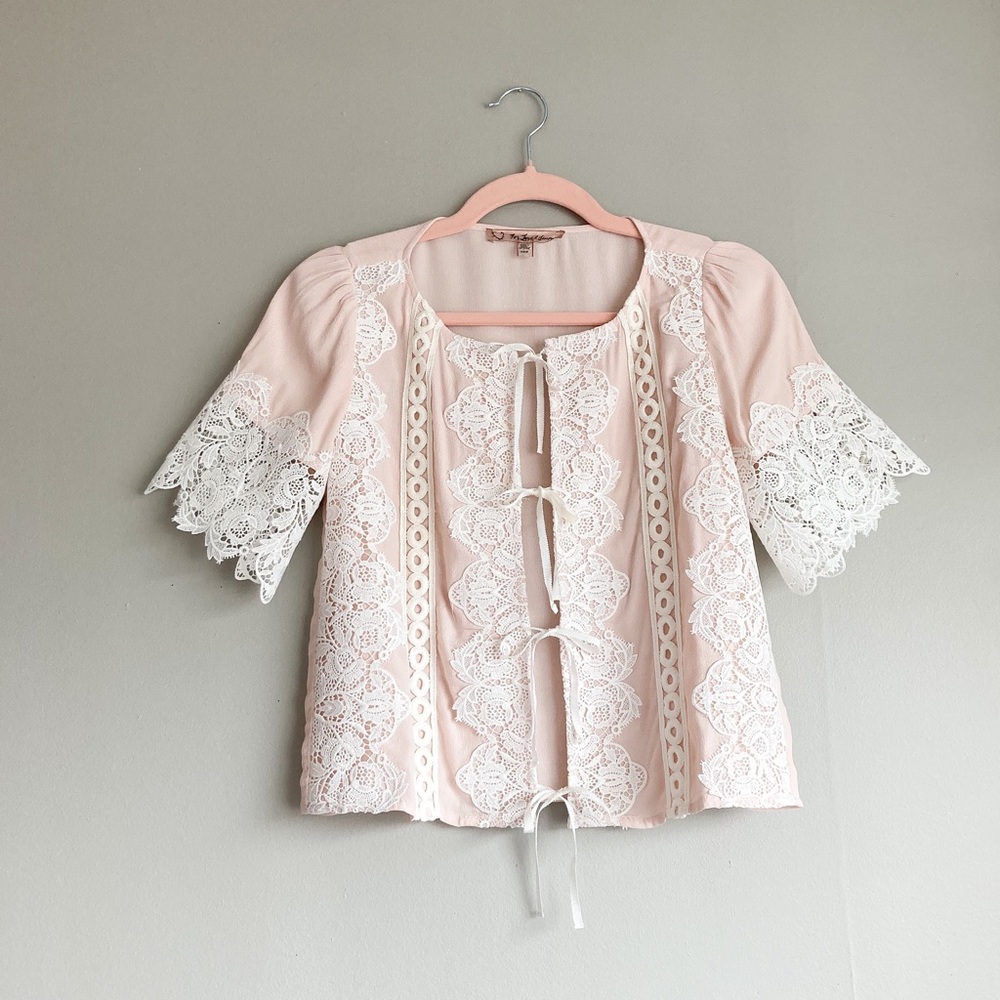 For Love and Lemons Coquette Pastel Powder Pink Crotchet Lace Open Front Top